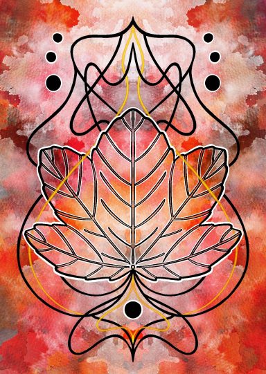 Digital Art nouveau style leaf  illustration on intense red watercolour background