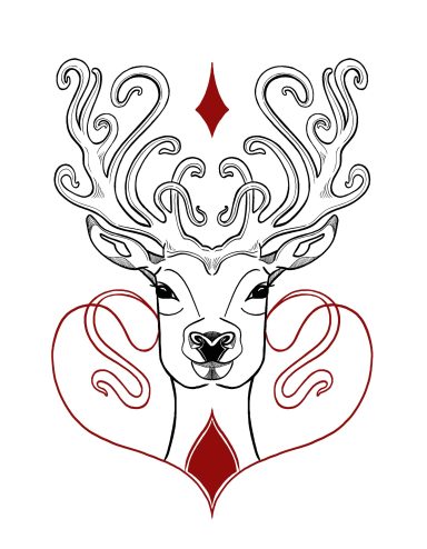 Symmetrical digital illustration in black and red of a dear head with intricate swirly antlers