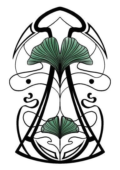 Art nouveau style illustration with ginko leaves in black and green