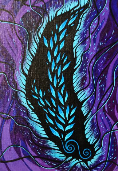 close up of abstract painting, titled burning love, in bold colours