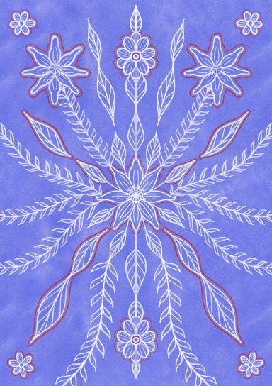 Symmetrical Scandinavian style drawing showing blue, white and red patterns