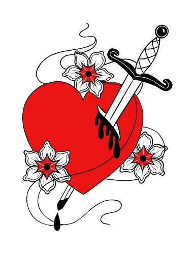 Tattoo style digital drawing of a heart pierced by a dagger surrounded bly flowers