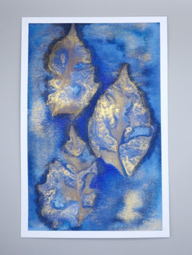 Mixed media print in watercolour and coloured pencil with an imprint of real leaves in blue and gold