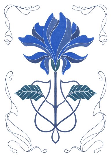 Art nouveau style flower drawing in different shades if blue