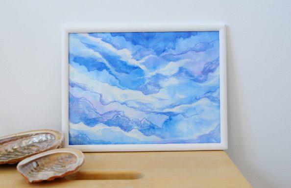 watercolour gouache and coloured pencil framed painting of clouds