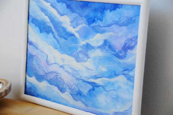 watercolour gouache and coloured pencil painting of pastel clouds