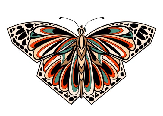 Multicoloured butterfly illustration in art deco style