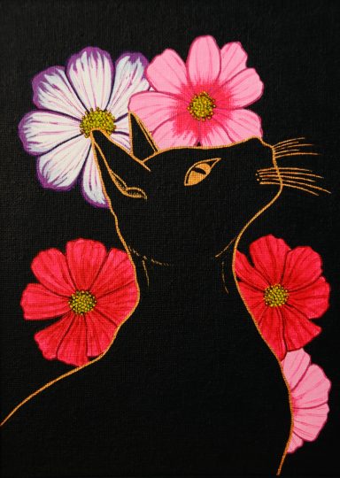 acrylic painting of a black cat surrounded by cosmos flowers