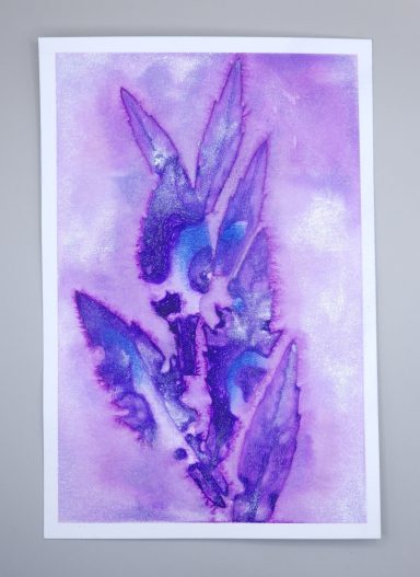 Mixed media print in watercolour and coloured pencil with an imprint of real leaves in purple and blue.