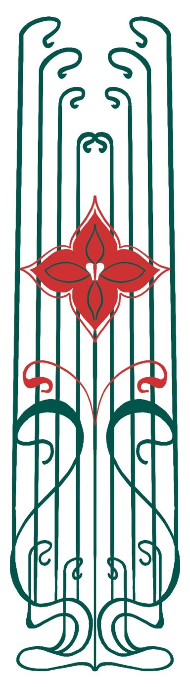 Bookmark design, digital illustration in green and red with Art Nouveau style line work and flower