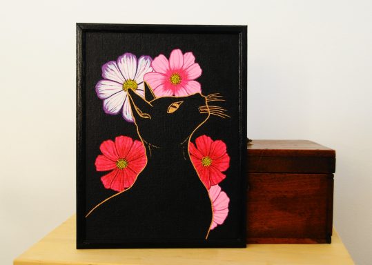 Black cat and flower painting acrylic on canvas board, framed