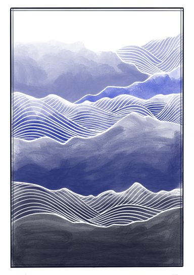 Asian style digital painting of an minimalist landscape in blue and white
