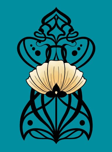 Art nouveau style illustration with lotus flower in the centre, black and yellow on petrol blue background